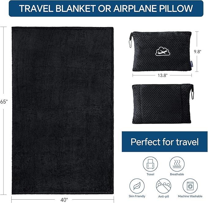 BEDELITE Travel Blanket with Bag, Ultra-Soft Jacquard Fleece Blanket with Luggage Sleeve & Backpack Clip, Airplane Blanket Travel Essentials, Black