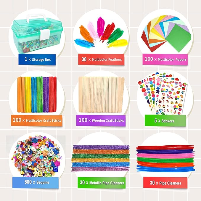 Irichna 1000+ Pcs Art and Craft Supplies for Kids, Toddler DIY Craft Art Supply Set Included Pom Poms, Pipe Cleaners, Feather, Folding Storage Box - All in One for DIY Craft Set (Green)