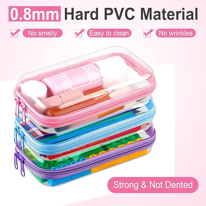 Hoolerry 3 Pcs Clear Hard Zipper Case Makeup Bag Plastic Zipper Pouch Christmas Storage Case Portable Travel Organizer Bin for Cosmetics, Building Blocks, Puzzles(Multicolor,S)