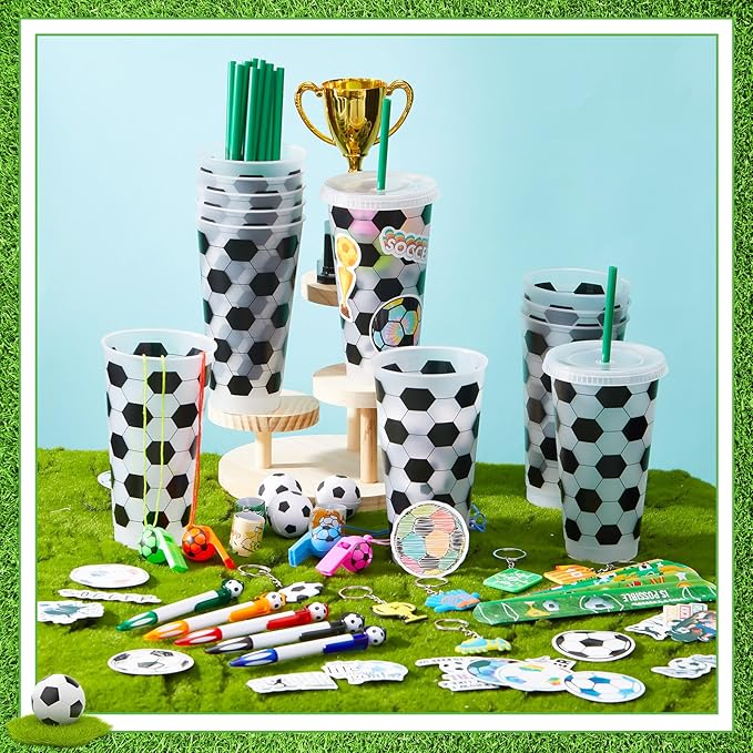 122 Pcs Soccer Party Favors Set Soccer Goodie Bags Stuffers Includes Cups with Straw Mini Stress Ball Keychains Slap Bracelets Whistles Stickers Pens for Birthday Party Supplies