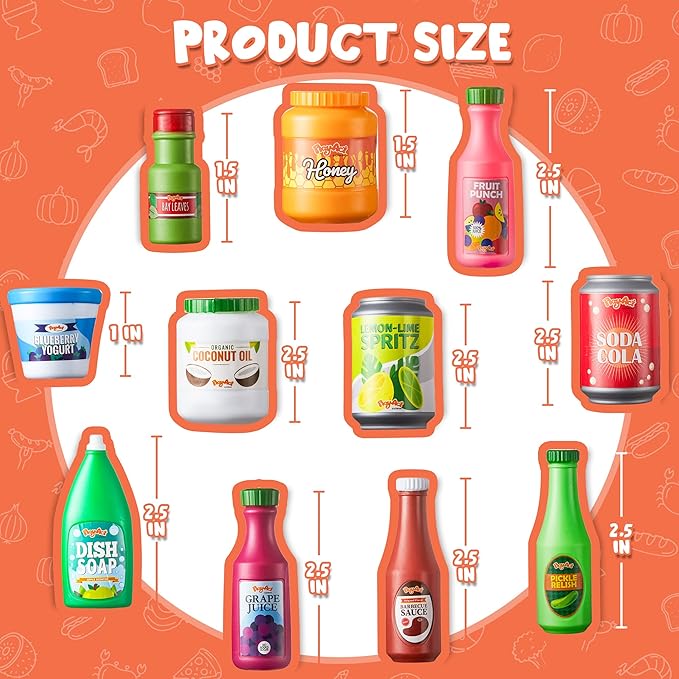JOYIN 30Pcs Play Food Grocery Cans, Play Kitchen Accessories, Includes Drink, Juice, Jar, Seasoning, Water Bottle, Sauce, Yogurt, Ice Cream, Snack Box, Kids Gifts & Indoor Toys