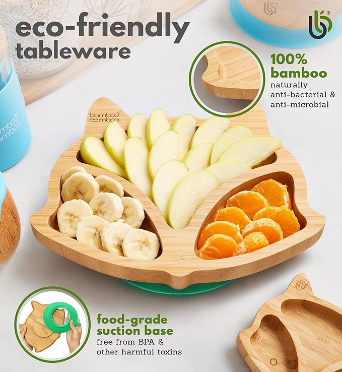 Bamboo Baby Plate with Suction - Kids and Toddler Suction Cup Plate for Babies, Non-toxic All-Natural Bamboo Baby Food Plate Stays Cool to the Touch for Baby-Led Weaning (Fox-Green)