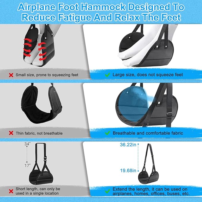 OFFAXE 2-Pack Airplane Travel Footrest Hammock, Portable Airplane Foot Hammock with Adjustable Strap, Desk Foot Hammock to Relax Your Feet, Foot Sling Travel Work Essentials (Black & Blue)