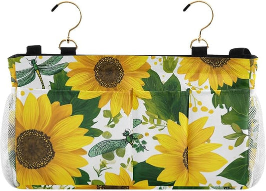 Cute Yellow Sunflowers and Dragonflies Bedside Caddy for Dorm Bed Bedside Hanging Caddy Bag Iron Frame Storage Organizer Pocket for Bunk Home College Hospital Beds 2 Hooks