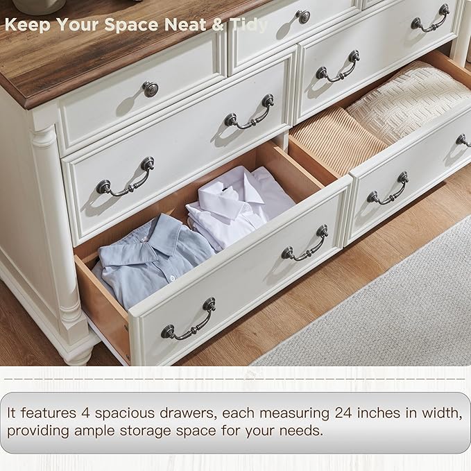 T4TREAM Farmhouse 7 Drawers Dresser Chests for Bedroom with 4 Solid Wood Feet, Tall Wide Wood Country Rustic Chest of Drawers, Storage Dressers for Bedroom, Living Room, Antique White