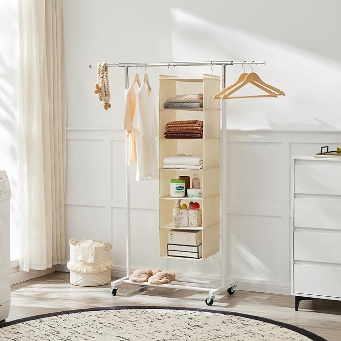 MAX Houser 6 Tier Shelf Hanging Closet Organizer, Cloth Hanging Shelf with 2 Sturdy Hooks for Storage, Foldable (Beige)
