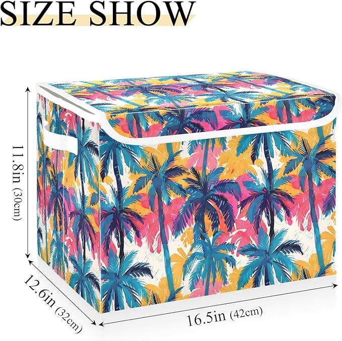 senya Large Storage Bins with Linen Collapsible Foldable Storage Cubes Fabric Closet Organizer Containers box with Flip-Top Lid for Home Bedroom Office 16.7 x 12.6 x 11.8in (Dinosaur Palm Trees)