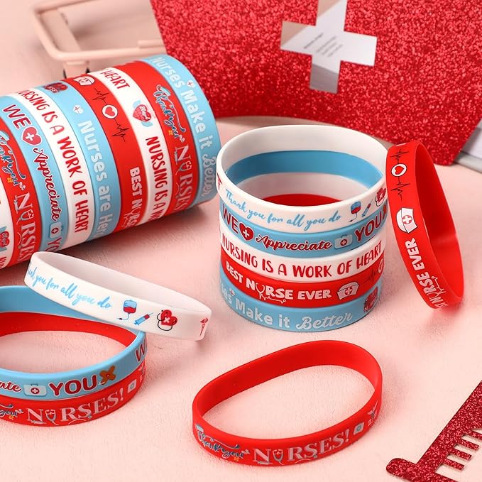 JUNEBRUSHS 24Pcs Nurse Inspirational Silicone Rubber Wristbands Bracelets for Nurse Appreciation Week Decorations Party Favors Supplies(6 Designs)
