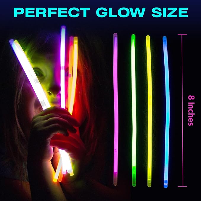 Glow Sticks 300 Bulk Pack - 100 Pcs Per Pack - 12 Hour Glow Stick - 8" Necklace Bracelet and Glasses Party Favors -Thanksgiving and Christmas Party - Outdoor Concerts - Festivals - Nighttime Sport