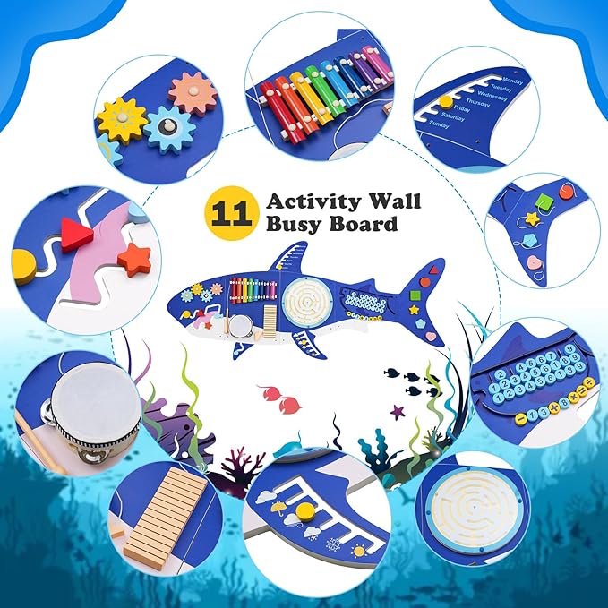 Weihnacht Shark Activity Wall Busy Board Panels,11-in-1 Montessori Sensory Toys, Toddler Learning Activity Center,Wooden Learning Toy Ideal Furniture for Playroom & Children's Daycare