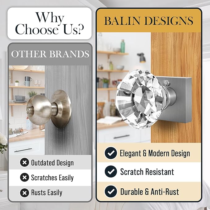 Silver Crystal Door Knob with Lock, Square Base, Glass Door Knobs Interior Privacy Set, Vintage Decorative Antique Style Handle for Bedroom, Bathroom, Closet, 1 Pack