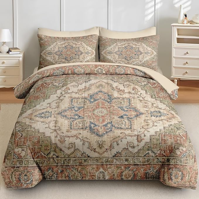 Comforter Set King Size, Vintage Medallion 7 Pcs Bedding for Kids and Adults, Oriental Floral Bed Sheet Sets with Fitted Sheet 2 Pillowcases & 2 Shams for Bedroom Bed Decor