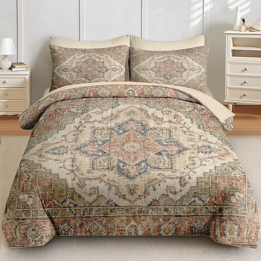 Comforter Set King Size, Vintage Medallion 7 Pcs Bedding for Kids and Adults, Oriental Floral Bed Sheet Sets with Fitted Sheet 2 Pillowcases & 2 Shams for Bedroom Bed Decor