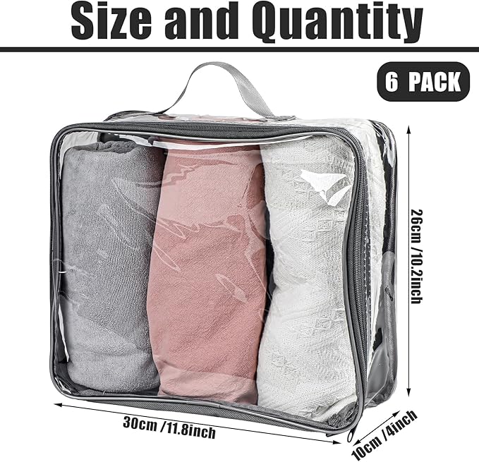 6 Pieces Large Clear Travel Packing Cube Clear Vinyl Zippered Storage Bags See Through Moving Bag PVC Multipurpose Pouch with Handle for Suitcase Shirts Dress Storage (Gray, 11.8 x 10.2 x 3.9 Inch)