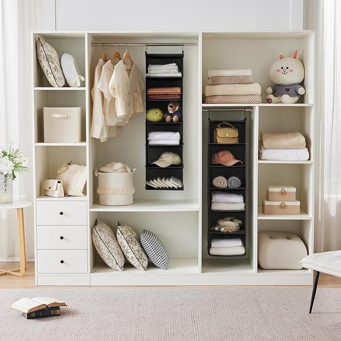 MAX Houser 6 Tier Shelf Hanging Closet Organizer, Closet Hanging Shelf with 2 Sturdy Hooks for Storage, Foldable (Black)