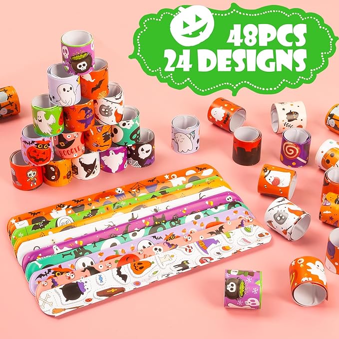 48 Pieces Halloween Slap Bracelet for Kids, 24 Styles Colorful Halloween Slap Wristbands Bulk for Kids Party Favors Toys Prizes Goodie Bags Fillers
