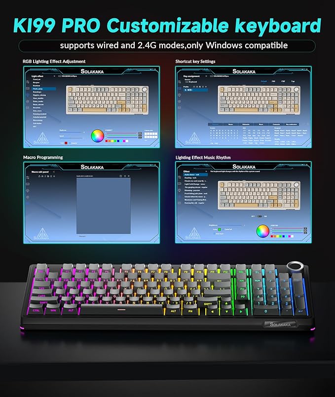 SOLAKAKA KI99 Pro 96% Wireless Mechanical Keyboard, RGB Gaming Keyboard, Hot-Swappable Pre-Lubed Switches, Gasket Structure Creamy Keyboards (Gradient-Black, Non-Silent Version)