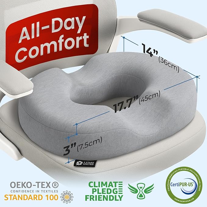 5 STARS UNITED Donut Pillow Hemorrhoid Tailbone Cushion – Large Cushion for Pain Relief – Coccyx, Prostate, Sciatica, Pelvic Floor, Pressure Sores, Pregnancy, Postpartum Recovery, Gray