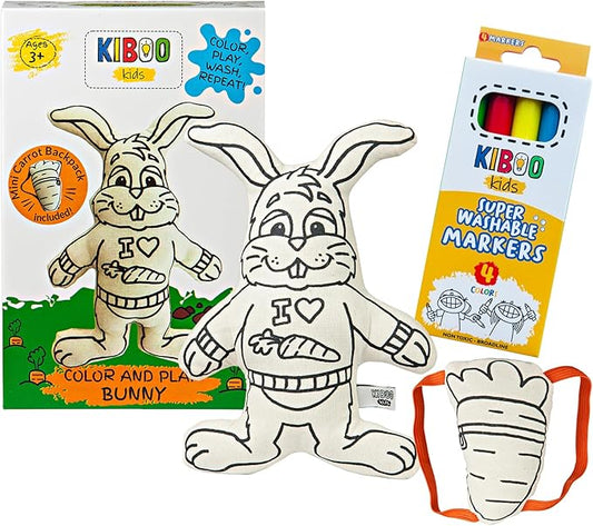 Color Your Doll - Bunny with Mini Carrot Backpack - Washable Markers Included - Reusable, Educational Art & Crafts Toy for Kids - Play, Wash, Repeat - Creative Gift for Easter Basket