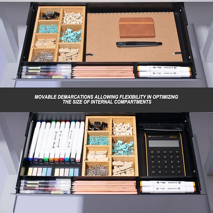 Large Under Desk Mounted Sliding Drawer with Bamboo Tray and 60 Degree Tilt Panel to Pull Out, 26'' Long & 13'' deep Large Storage Organizer for Sit Stand Workstation