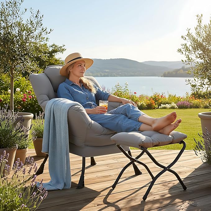 Welnow Lazy Chair with Ottoman, Modern Lounge Accent Chair with Armrests and a Side Pocket, Leisure Sofa Armchair Set, Reading Armchair with Footrest for Small Space, Light Grey