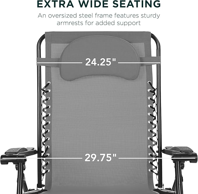 Best Choice Products Oversized Zero Gravity Chair, Folding Outdoor Patio Lounge Recliner w/Cup Holder Accessory Tray, Pillow - Ice Gray