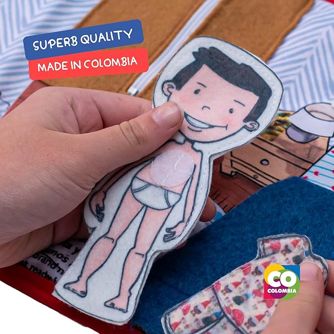 Routines 11 Pages Quiet Book for 3+ Year Old Boys and Girls | Bilingual Soft Book | Preschool and Early Learning | Montessori Fabric Book for Toddlers | Play and Learn Toy | 14 Pieces Included.