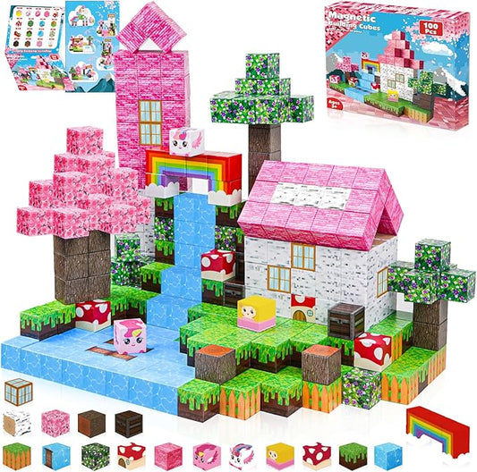 Goody King Magnetic Blocks | 100PCS Building Magnetic Pink Castle Magnetic Set,Magnetic Building Cube Game for Kids Age 3 4 5 6 7 8 9 10, STEM Montessori Stacking Toy, Sensory Tiles Building Christmas