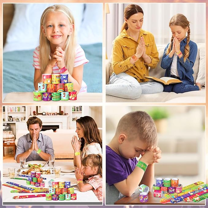 JUNEBRUSHS 56 Pcs Religious Slap Bracelets Christian Gifts for Kids, Jesus Love You Wristbands Snap Bracelets for Christian Stocking Stuffers Sunday School Gifts Happy Birthday Jesus Party Supplies