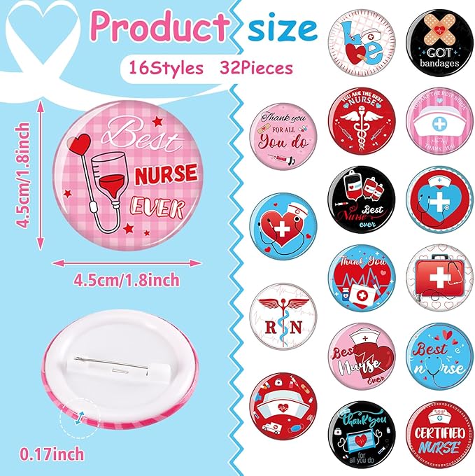 64PCS Nurse Party Favors 32pcs Nursing Themed Button Badges Pins and 32pcs Nurse Silicone Bracelets for Nurses Week Medical RN Theme Nurse Graduation Activities Party Decorations