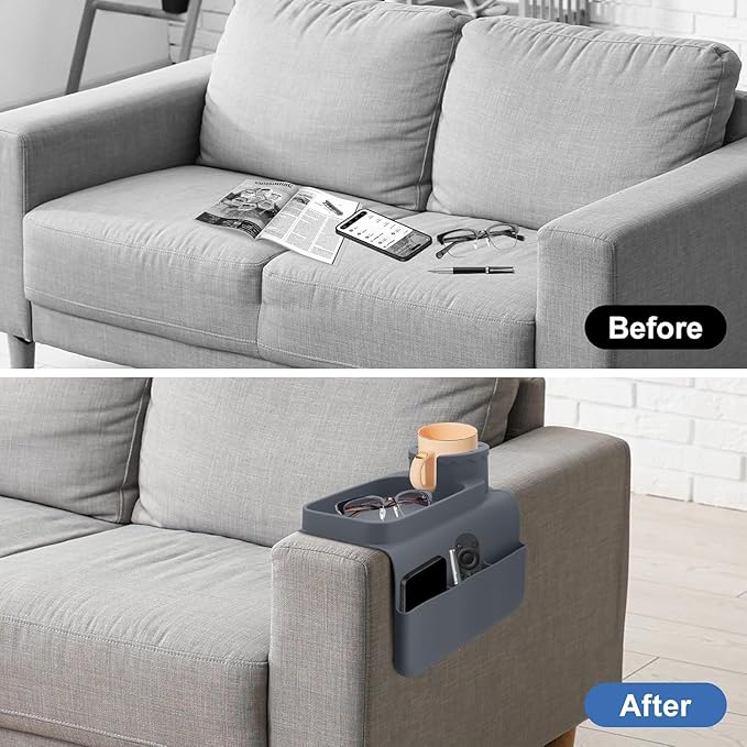 Silicone Couch Cup Holder, Anti-Spill Couch Arm Tray with Side Pockets, Sofa Armrest Tray, Couch Caddy for Drinks, Coffee, Snacks, Cellphone, Remote, Headphones, Glasses(Gray)
