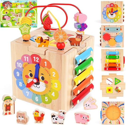 Toddler Wooden Activity Cube Toys, Montessori Toys for 1 2 3 Year Old Boy Girl, Educational Learning Toys for Toddlers 1-3 2-4 Years, Sensory Infant Toys First 1st 2st one two Christmas Birthday Gifts