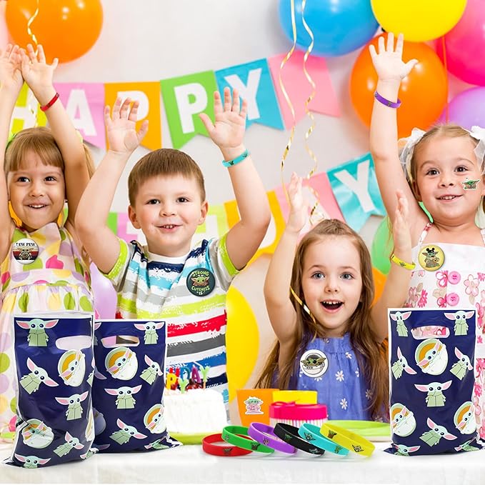 98Pcs Birthday Party Supplies, Baby birthday decorations Favors Set Include 12 Bracelets, 12 Button Pins, 12 Key Chains, 12 Gift Bags and 50 Stickers