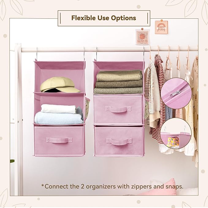 GRANNY SAYS Hanging Closet Organizer 6-Shelf, Separable to 2 Pack 3-Shelf Closet Storage Organizer with 4 Side Pockets, 3 Different Drawers, Portable Hanging Shelves for Baby Clothes, Sweater, Pink