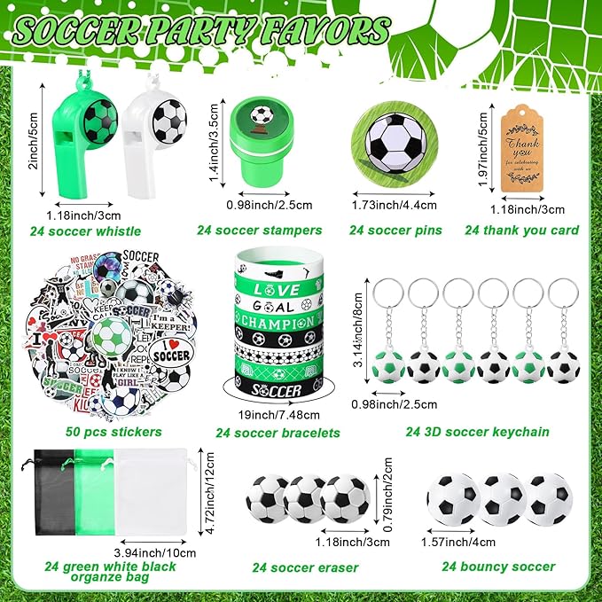 Aoriher 266 Pcs Soccer Party Favors Sports Party Supplies Gifts Set Stress Ball Stickers Whistle Keychain Bracelet Erasers Badges Organza Bags Thank You Tags