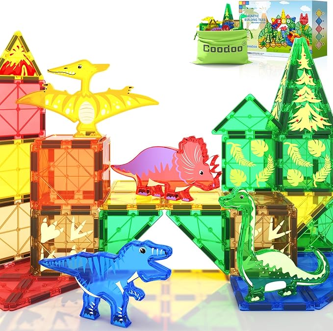Dinosaur Toys Magnetic Tiles Building Blocks Kids Toys - Dinosaur World STEM Magnet Toys for Toddlers Creative Construction Play for 3+ Year Old Boys Girls Ideal Preschool Learning Sensory Toys