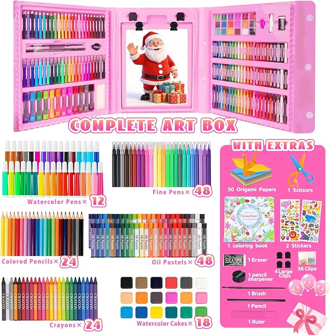 Art Supplies 297 Piece Drawing Art Kit Christmas Gifts for Girls Boys Kids Teens Gifts Coloring Art Set Case with Trifold Easel, Stickers, Coloring Book, Apron, Scissors, Origami Paper 40 Sheets
