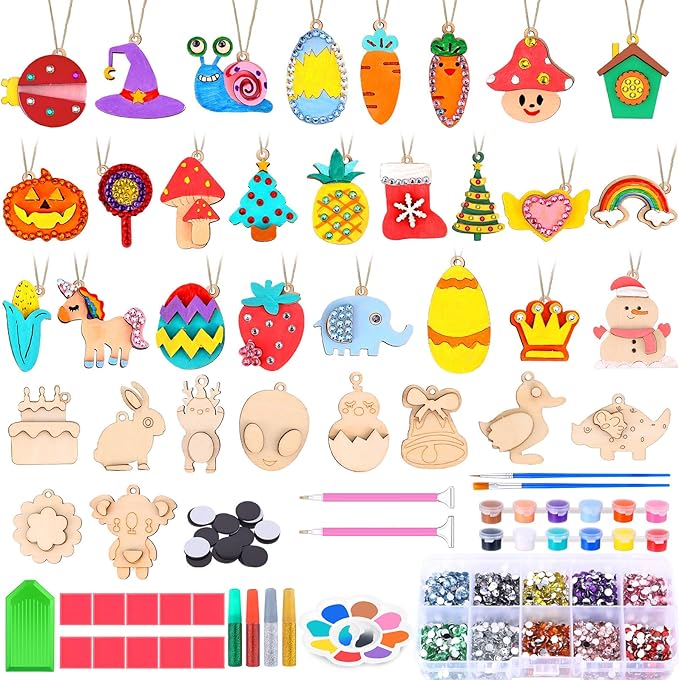 36 Pcs Wooden Magnets DIY Kit Wooden Art Craft Hanging Ornament Painting Craft Kit Gifts for Kids Boy Girl Easter Crafts Toys Basket Goodie Bag Stuffers