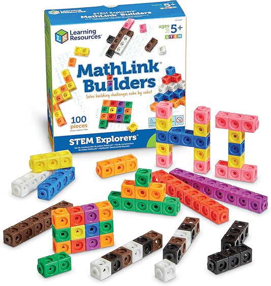 Learning Resources STEM Explorers MathLink Builders - 100 Pieces, Ages 5+, Kindergarten STEM Activities, Math Activity Set and Games for Kids, Linking Cubes, Connecting Cubes