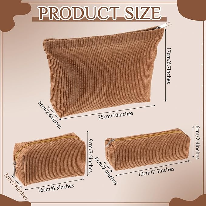 Huhumy 3 Pcs Makeup Bag Set for Women Corduroy Cosmetic Pouch Aesthetic Smile Travel Toiletry Bag Cute Purse Pouch Pencil Case Makeup Brushes Storage Organizer for Valentine(Brown,Solid Style)