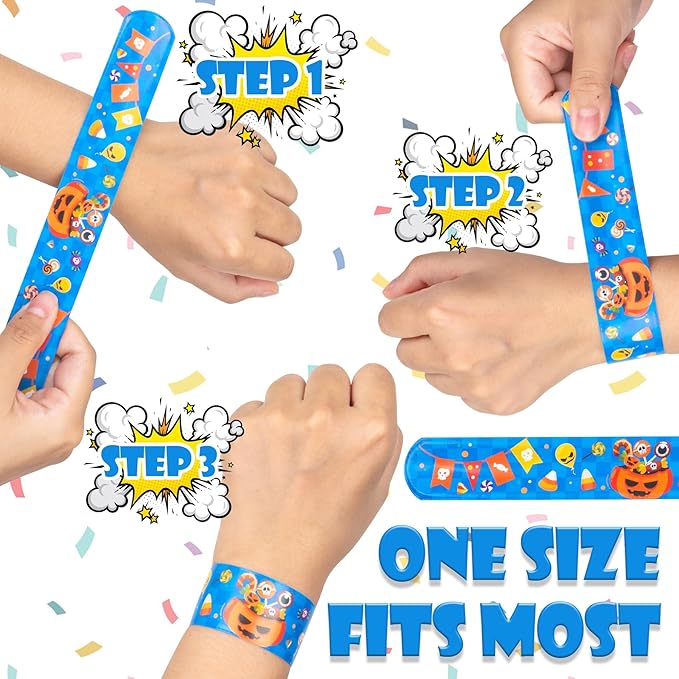 Halloween Slap Bracelet for Kids - 48 Pieces, 24 Colorful Styles, Bulk Halloween Slap Wristbands for Kids Party Favors, Toys Prizes & Goodie Bags Fillers