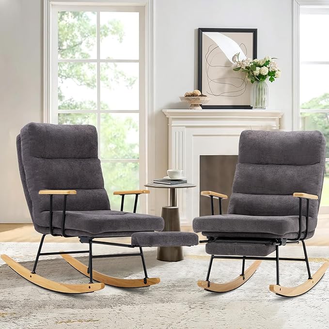 Rocking Chair with Footrest-Glider Rocker Chair with Retractable Footrest and Adjustable Backrest, Teddy Upholstered Rocking Chair Set of 2, Accent Chair for Living Room/Nursery/Bedroom/Outdoor-Grey