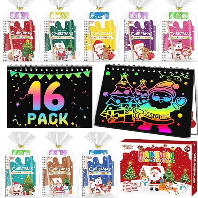 FEREDO KIDS Party Favors for Kids: 16 Pack Christmas Rainbow Scratch Art Notebook Classroom School Supplies Bulk for Girls Boys Goodie Bags Stuffers, Return Gifts for Birthday Party Gift Kid Crafts