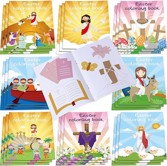 24 Pcs Easter Coloring Books Bulk Kids Religions Mini Color Booklets DIY Art Drawing Christian Bible Easter Party Favors Gifts for Boys Girls School Classroom Stuffer Activity Decorations