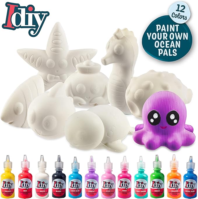 Idiy DIY Party Craft Kit Jumbo Ocean Pals Squishies (8 Unique Sea Animals w 12 Fabric Paints) -White Kawaii Scented Slow Rise Squishy Toys, Scented Stress Relief, Kids Birthday Activity Gift (4"-6")