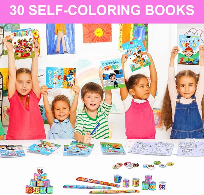 180 Pcs Kindergarten Graduation Party Favor Set Include 60 Slap Bracelets 30 Coloring Books 30 Paper Bags 30 Button Pin and 30 Grad Badge Sticker for Kindergarten Graduation Party Supplies