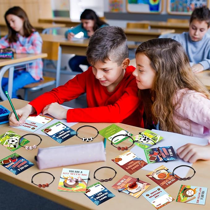 ANGOLIO 56Pcs Valentine's Day Cards for Kids with Ball Sport Bracelets, Valentine Exchange Gifts Classroom with Football Basketball Bracelets, School Friends Exchange Gift Party Favors for Girls Boys