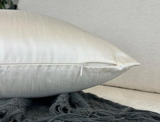 Aiking Home 12x24 Inches Faux Silk Rectangular Throw Pillow Cover, Zipper Closure, Ivory (Set of 2)