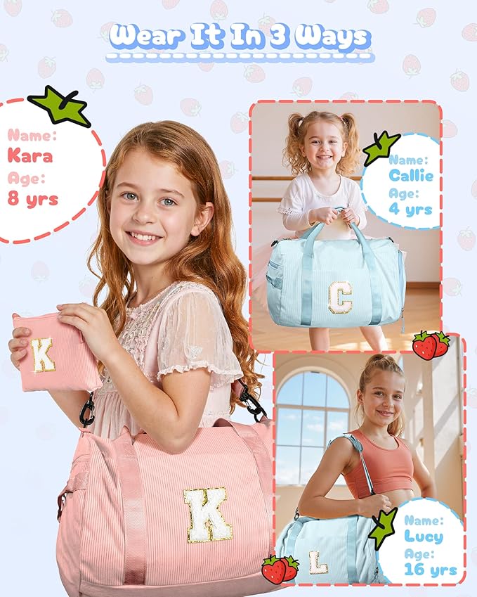 Cute Preppy Stuff for Daughter, Girls Gym Bag, Kids Personalized Dance Bags with Shoe Compartment, Customized Travel Duffle with Toiletry Bag, Gifts for Teenager (Letter D)