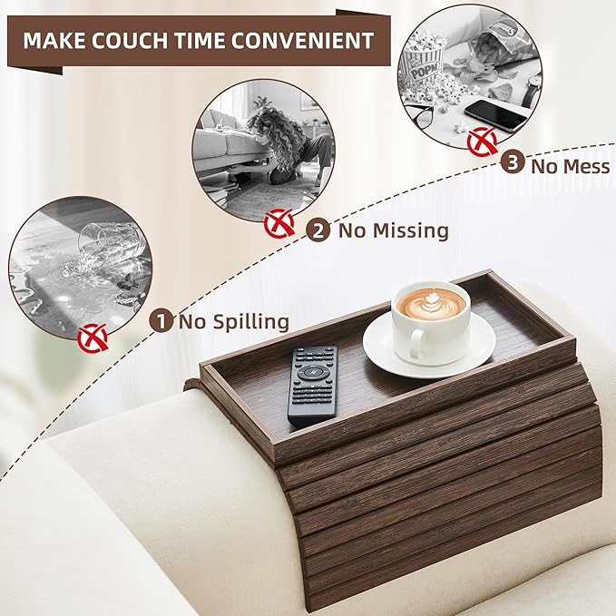Couch Arm Tray, Anti-Falling Bamboo Sofa Armrest Tray Table, Foldable & Portable Armrest Cup Holder Side Table for Drinks, Coffee, Phone, Snacks, Remote